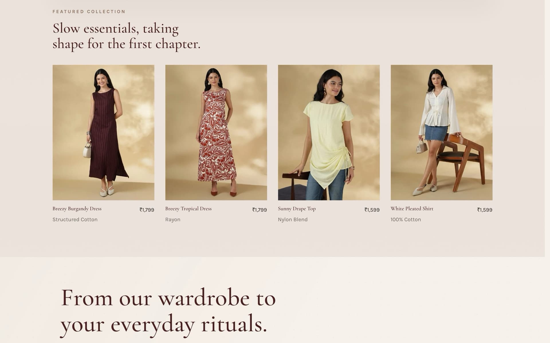 The Aarna collection grid: four cotton dresses and tops shown with their names, fabric notes and prices.