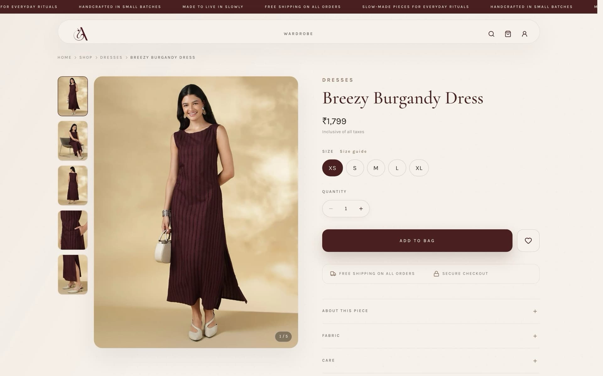 An Aarna product page showing a single dress with its detail photography, description and add-to-cart.
